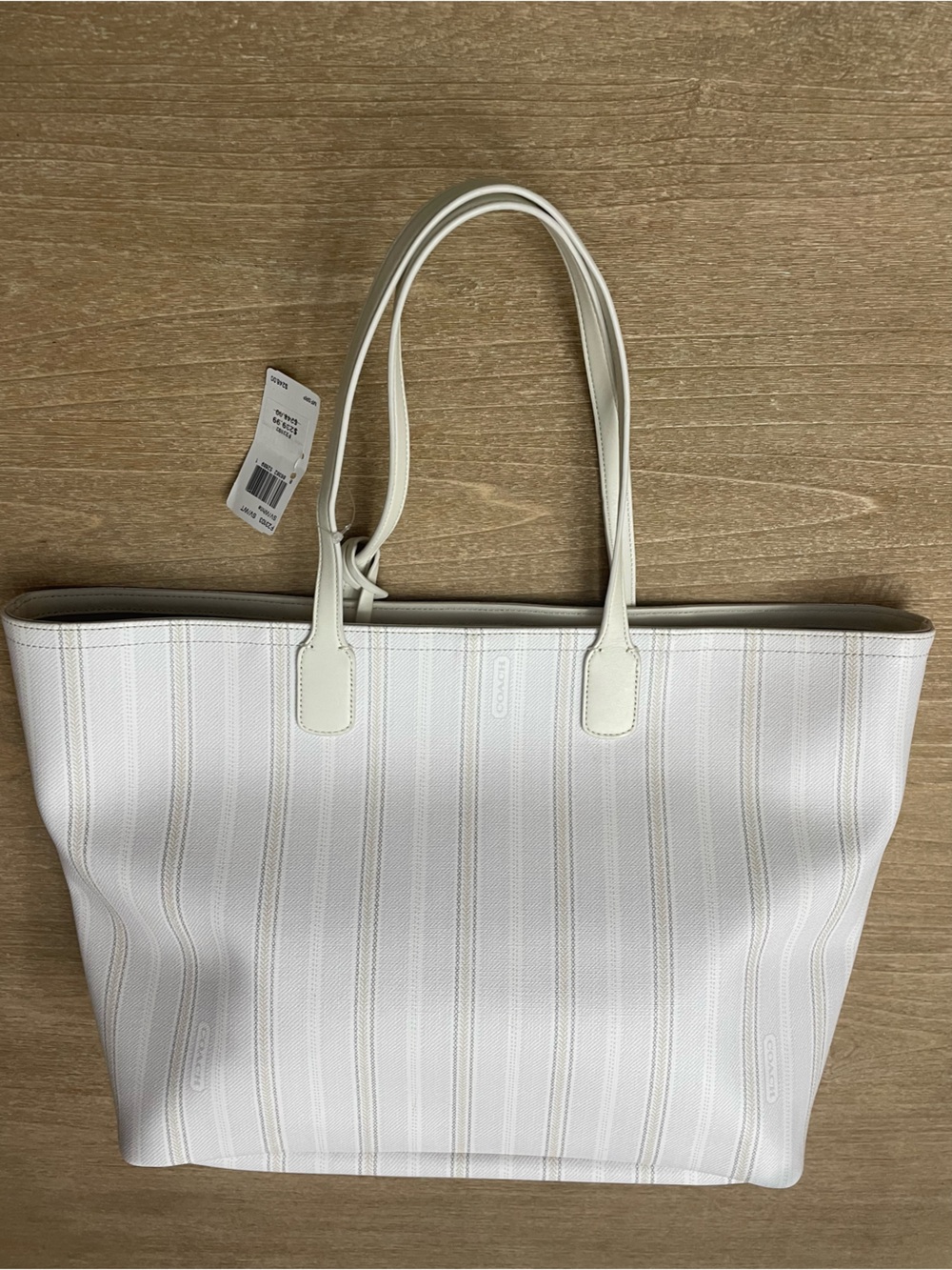Coach Cream / White / Tan Stripe Leather Trim Large Tote